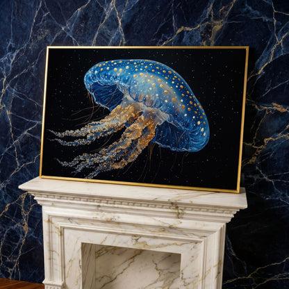 Blue Jellyfish with Gold Spots Canvas Art in yellow gold floating frame