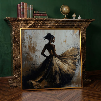 Charming Black Woman Square Canvas in antique gold floating frame