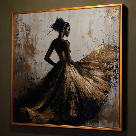 Charming Black Woman Square Canvas shown in antique gold floating frame