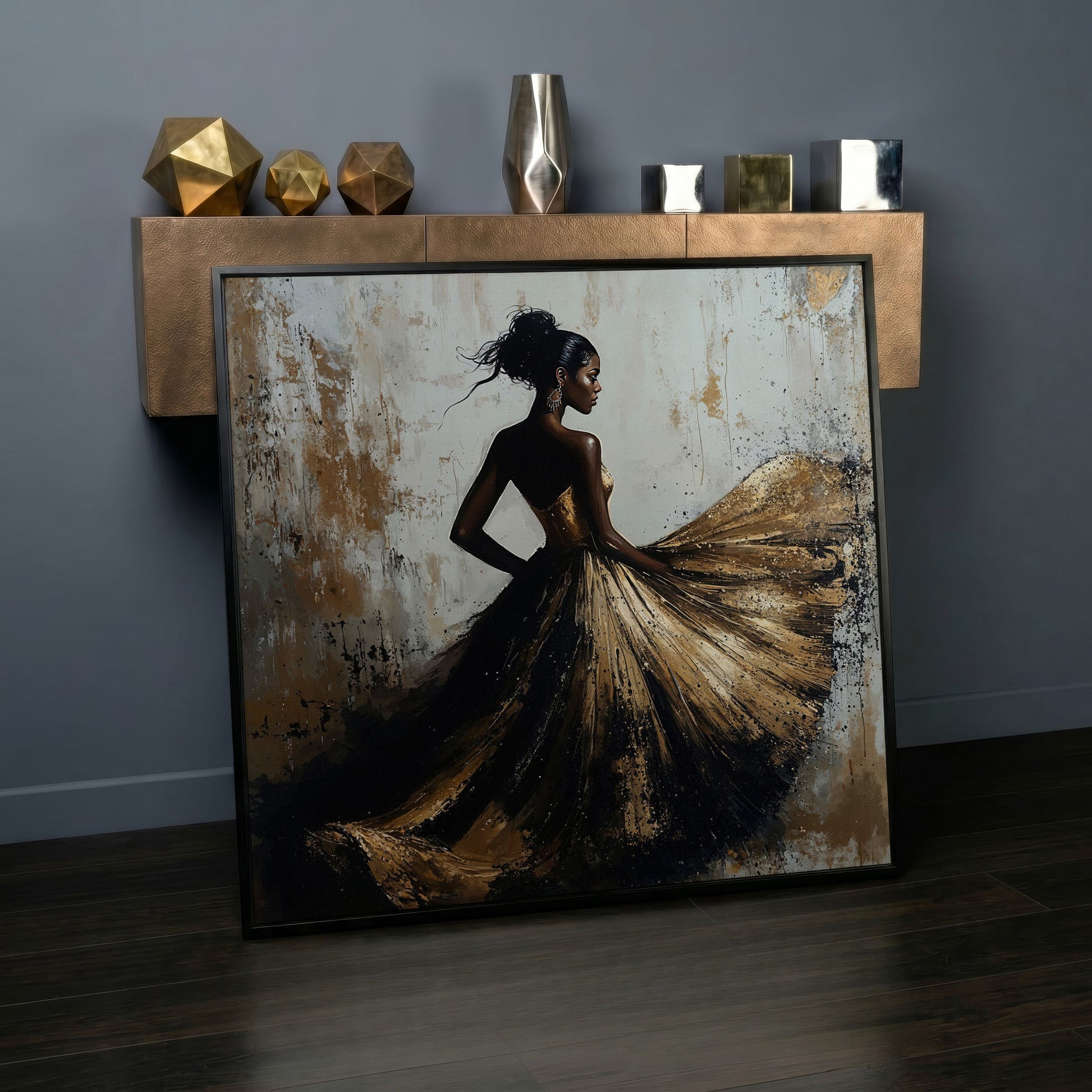 Charming Black Woman Square Canvas in black floating frame