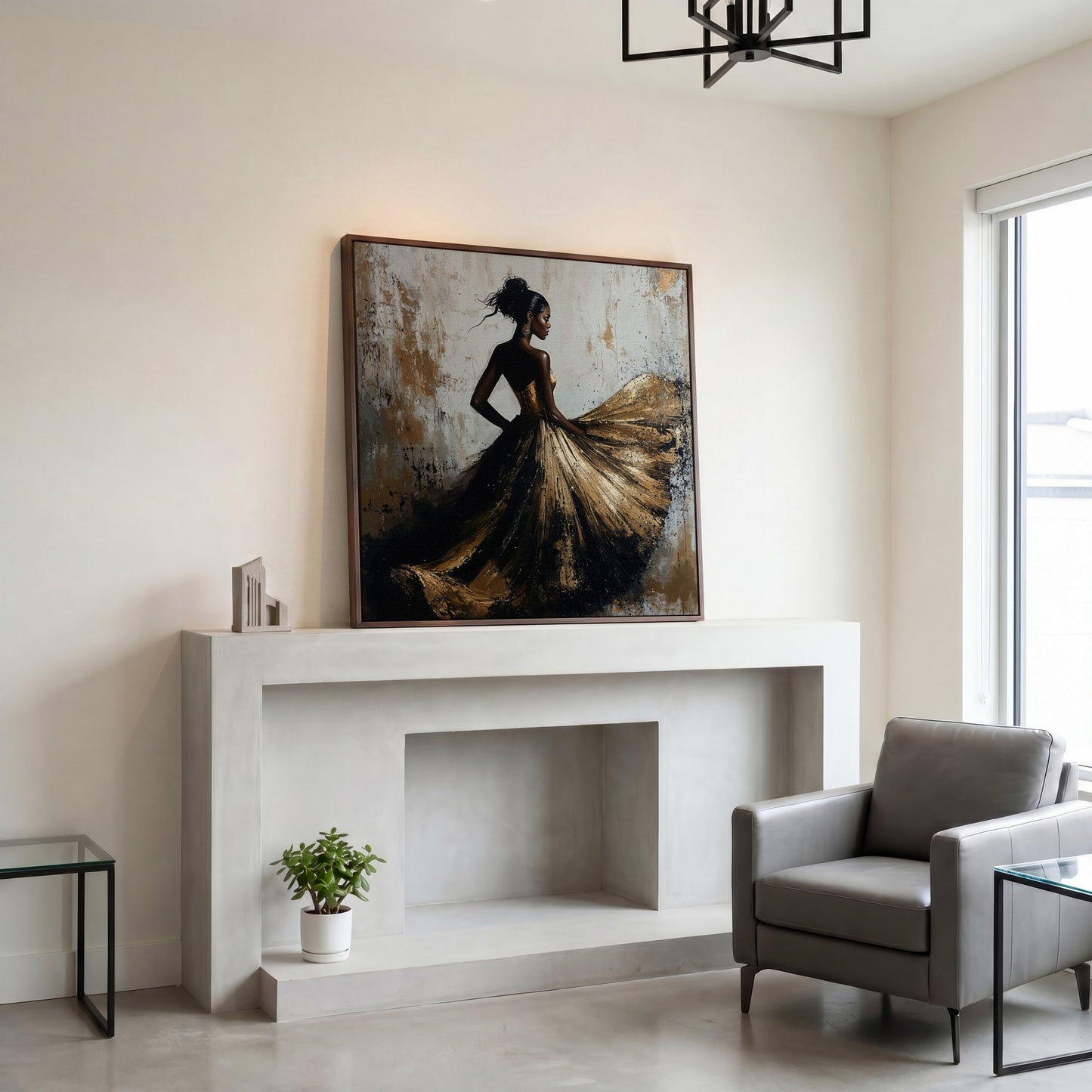 Charming Black Woman Square Canvas in dark walnut floating frame