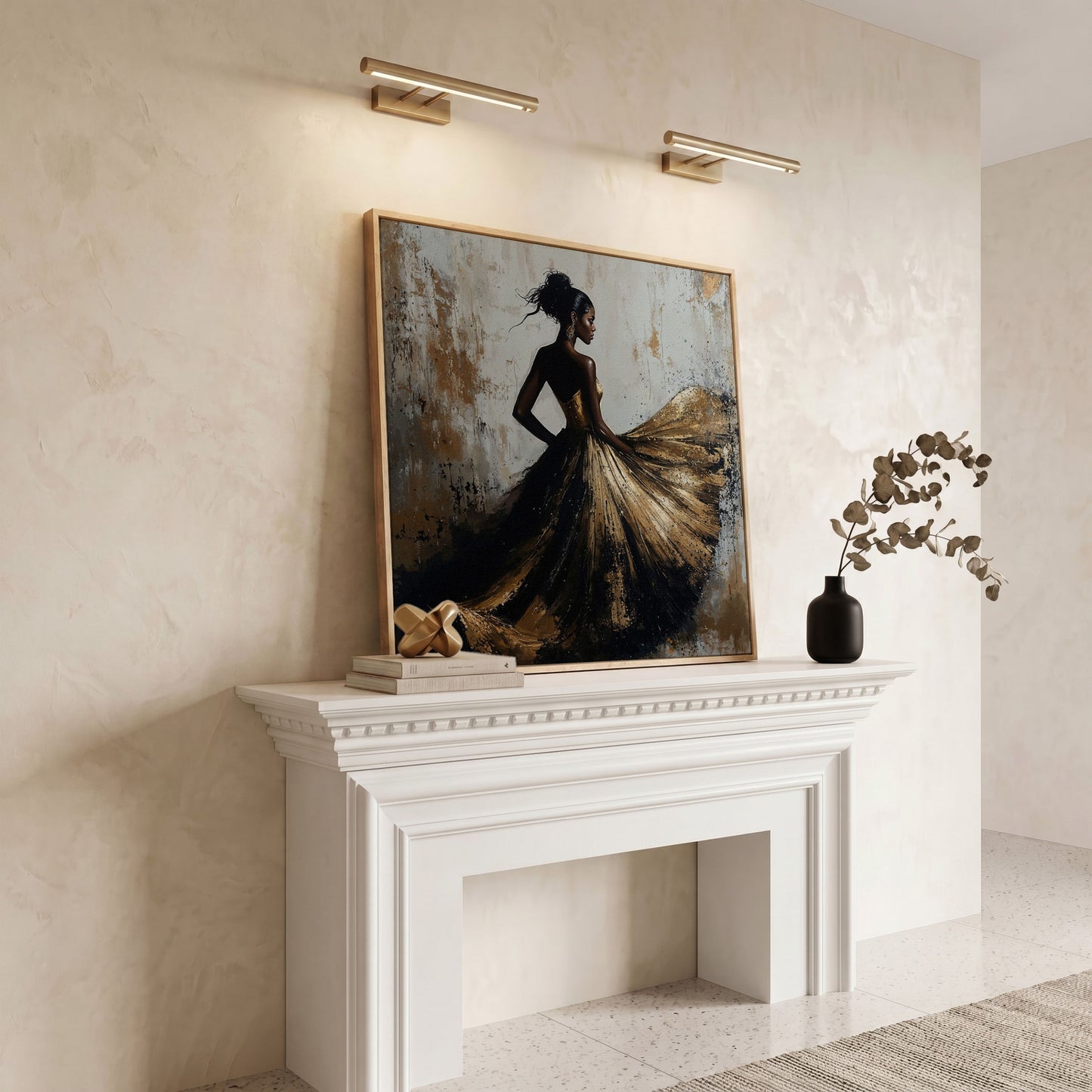 Charming Black Woman Square Canvas in white oak floating frame