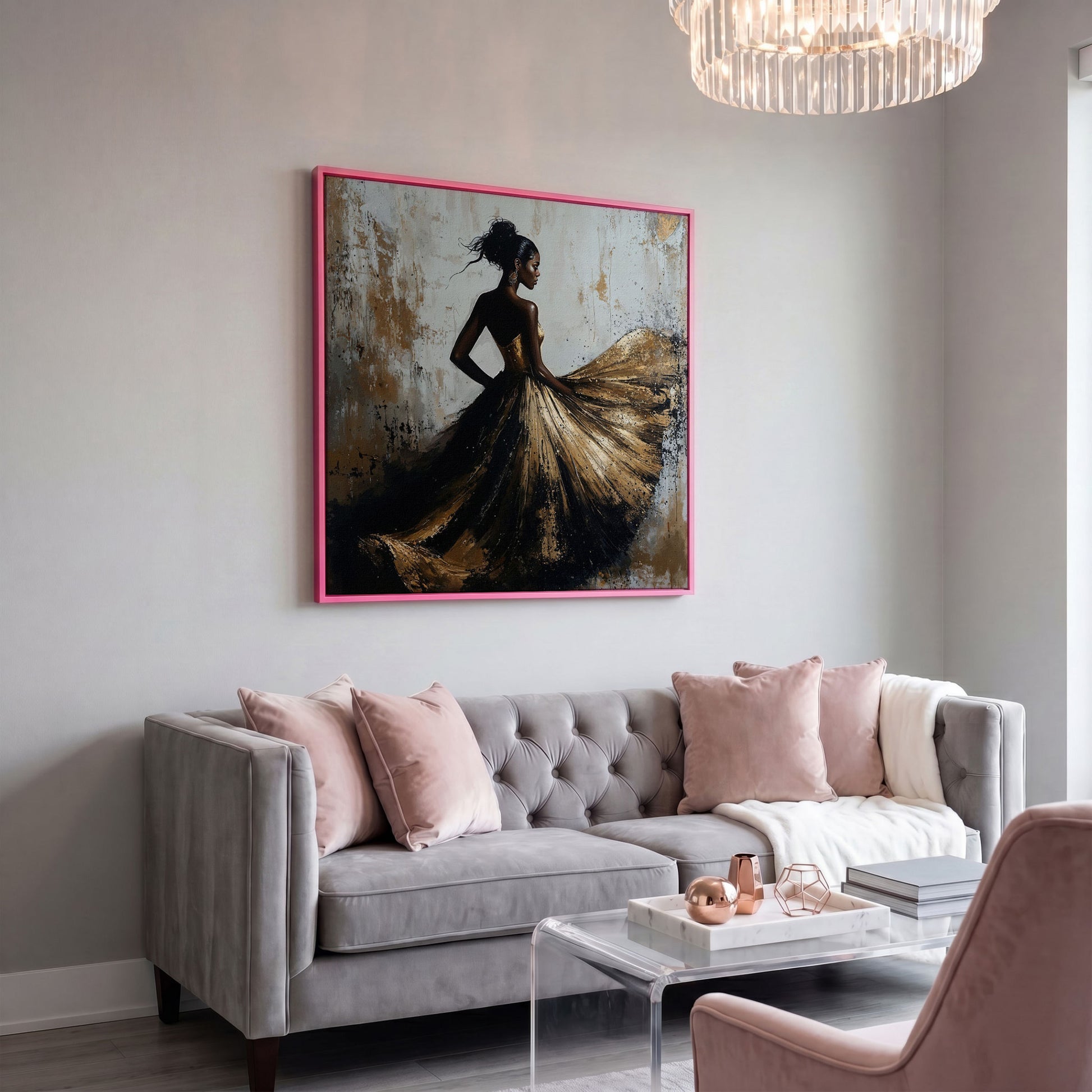 Charming Black Woman Square Canvas in pink floating frame
