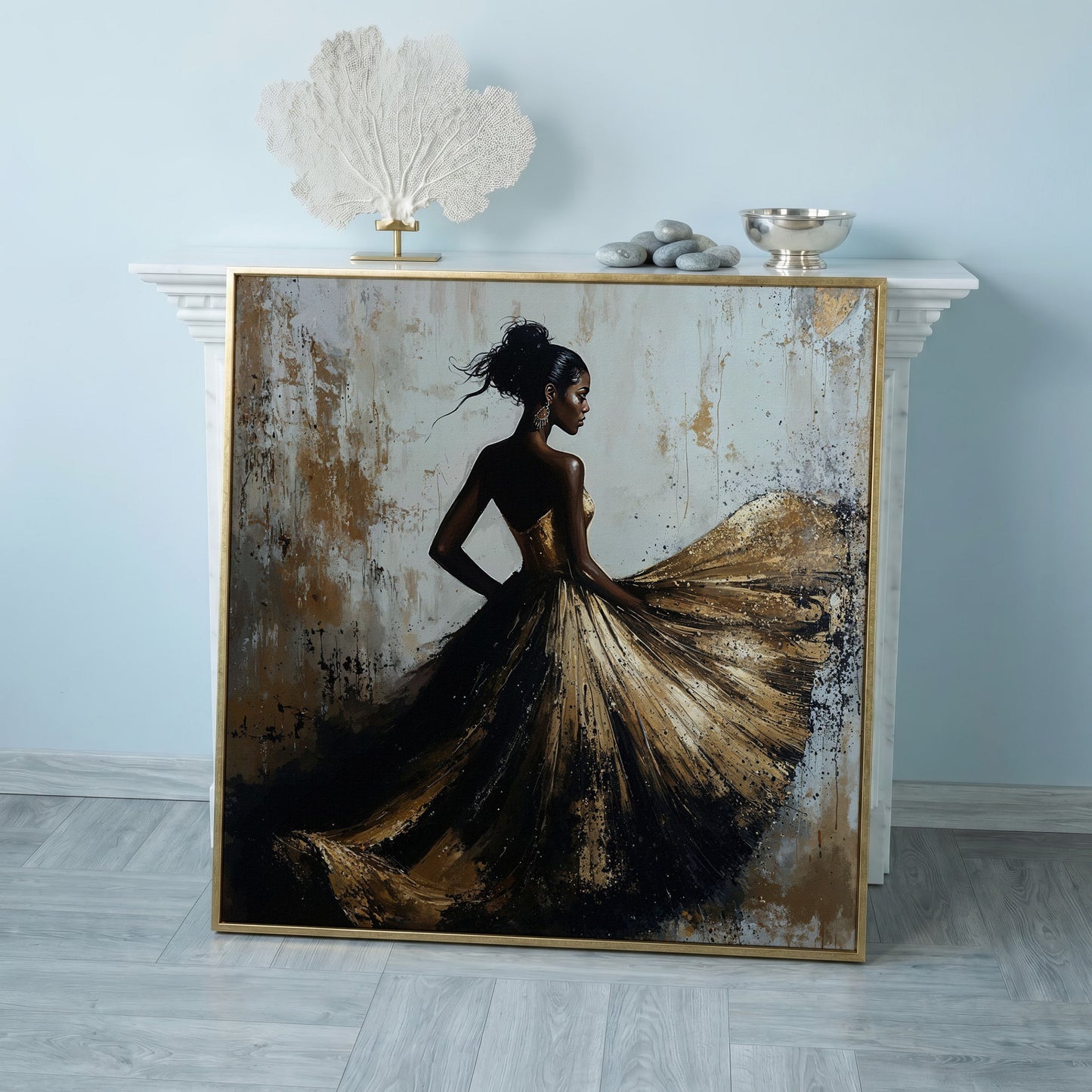 Charming Black Woman Square Canvas in rose gold floating frame