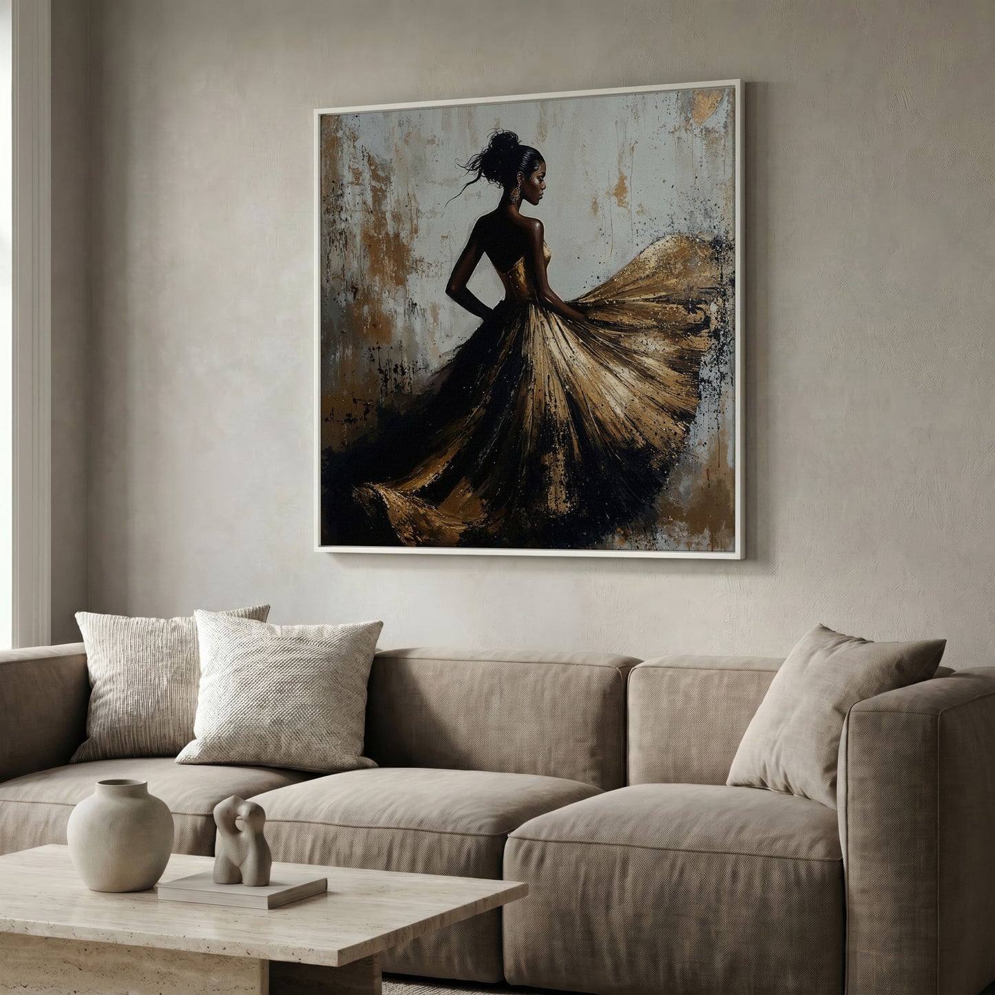 Charming Black Woman Square Canvas in white floating frame