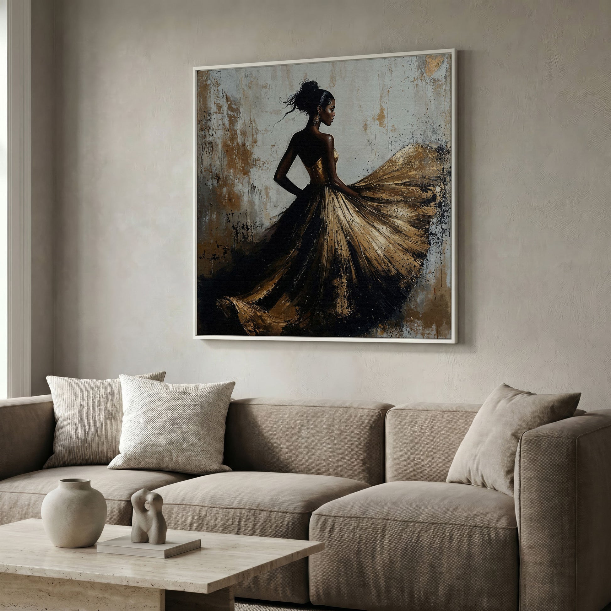 Charming Black Woman Square Canvas in white floating frame