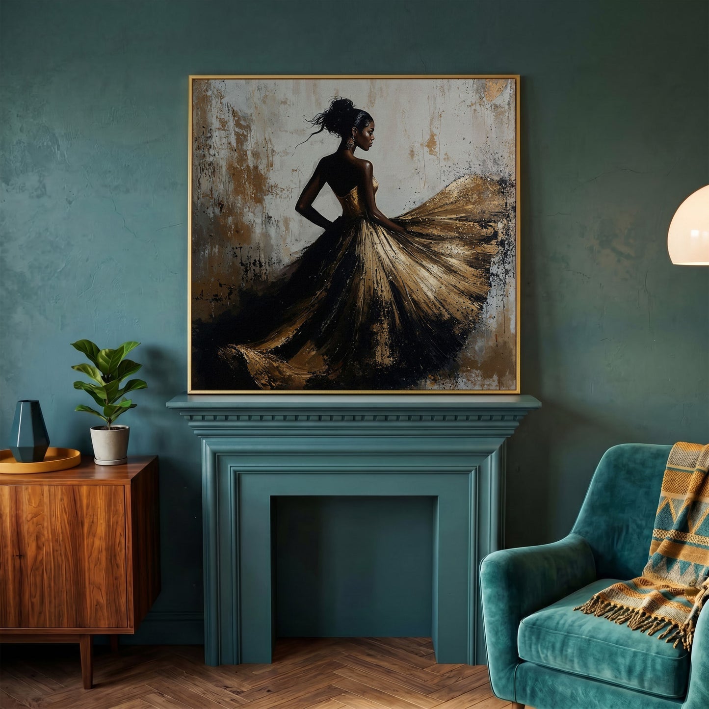 Charming Black Woman Square Canvas in yellow gold floating frame