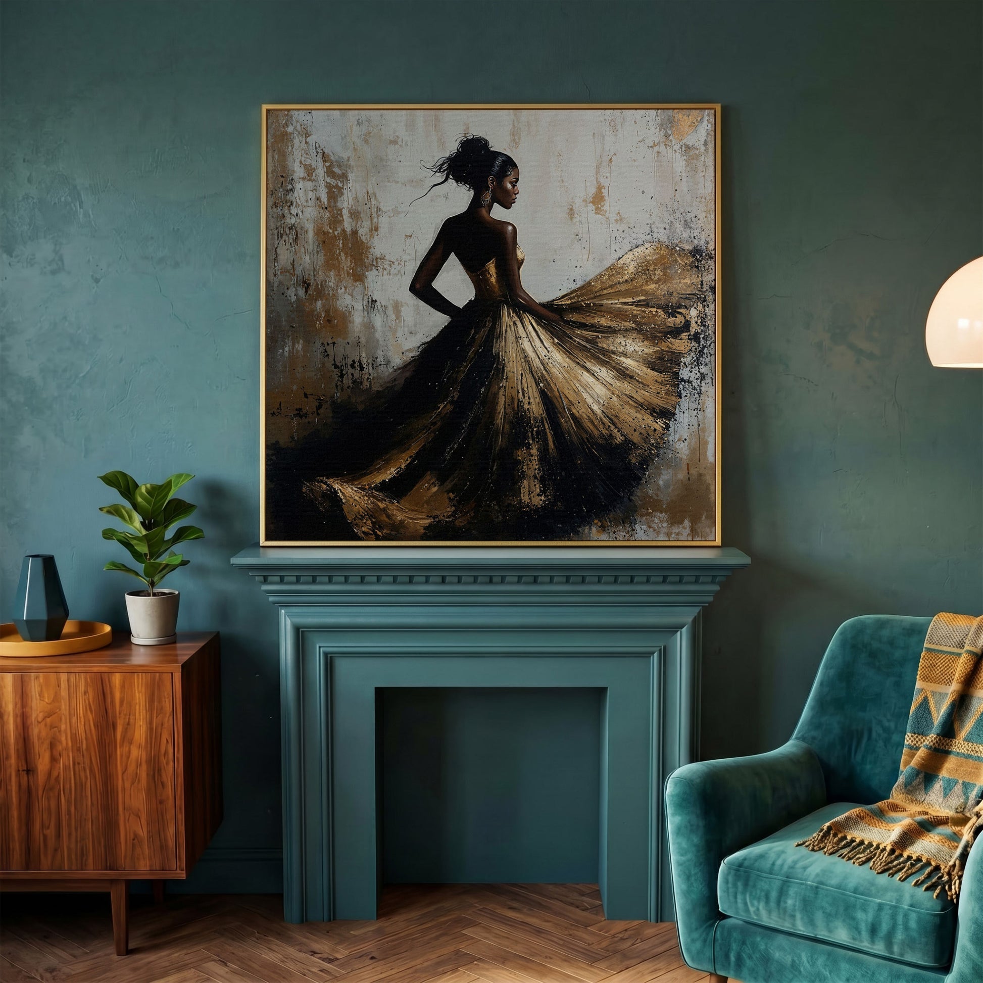 Charming Black Woman Square Canvas in yellow gold floating frame