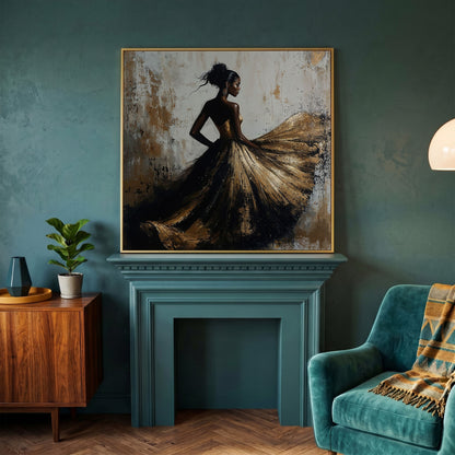 Charming Black Woman Square Canvas in yellow gold floating frame