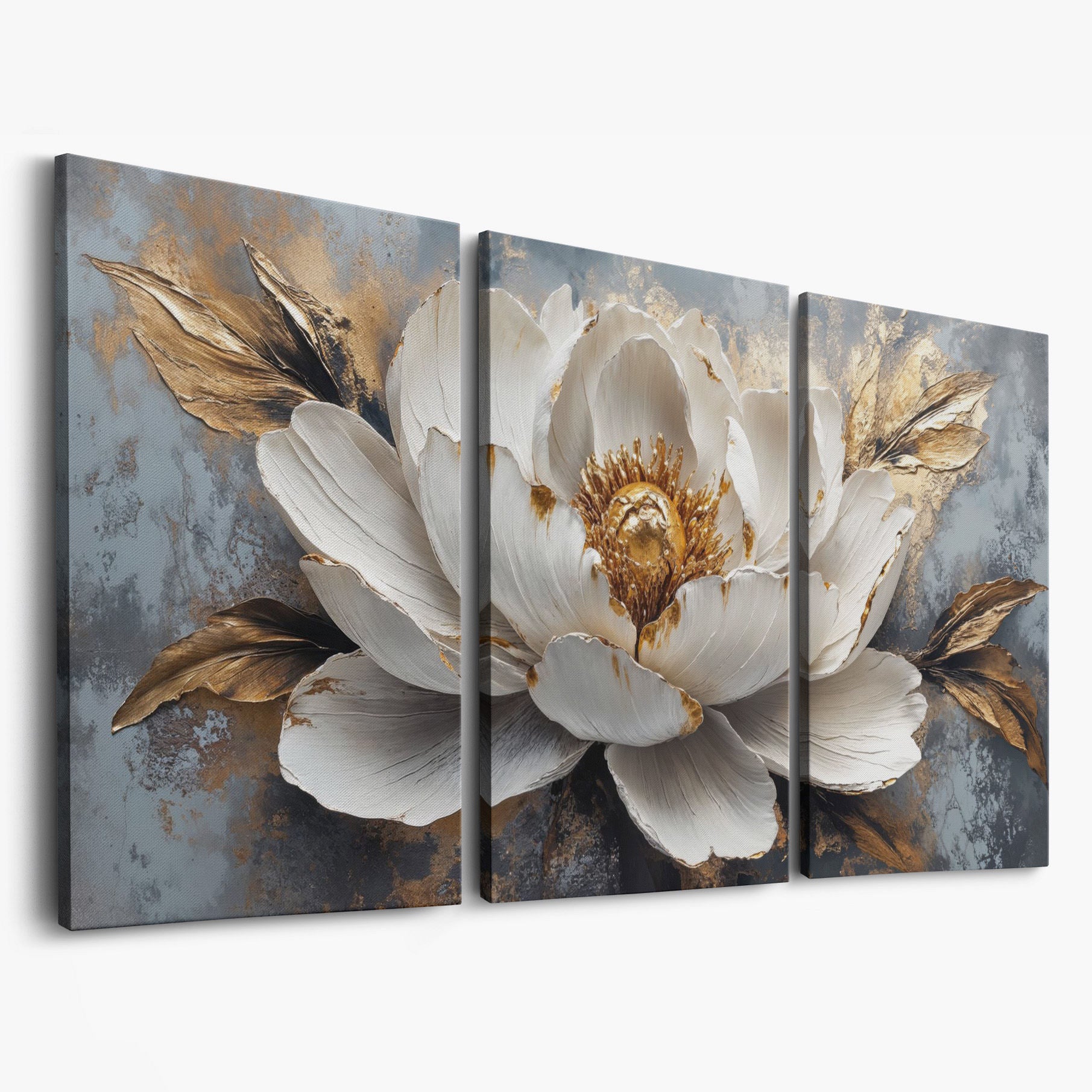 White and Gold Floral Canvas with Panoramic Width as 3-panel split version