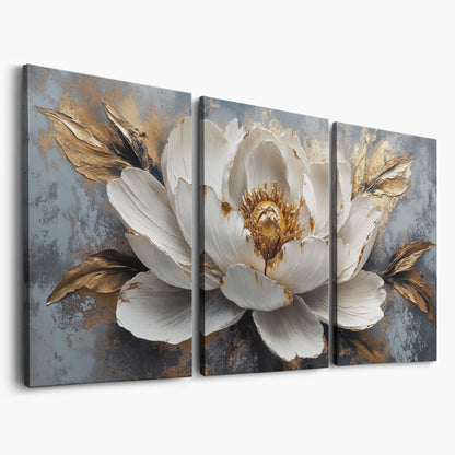 White and Gold Floral Canvas with Panoramic Width as 3-panel split version