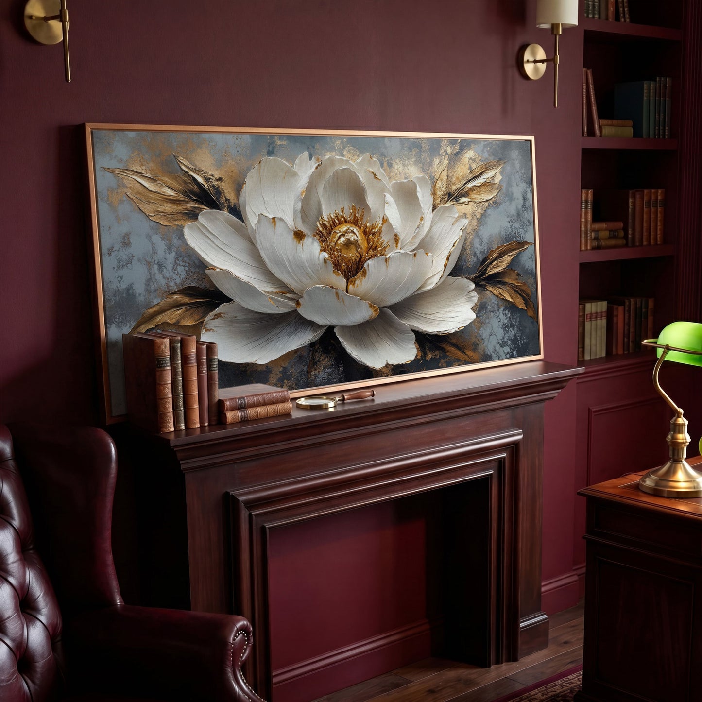 White and Gold Floral Canvas with Panoramic Width in antique gold floating frame