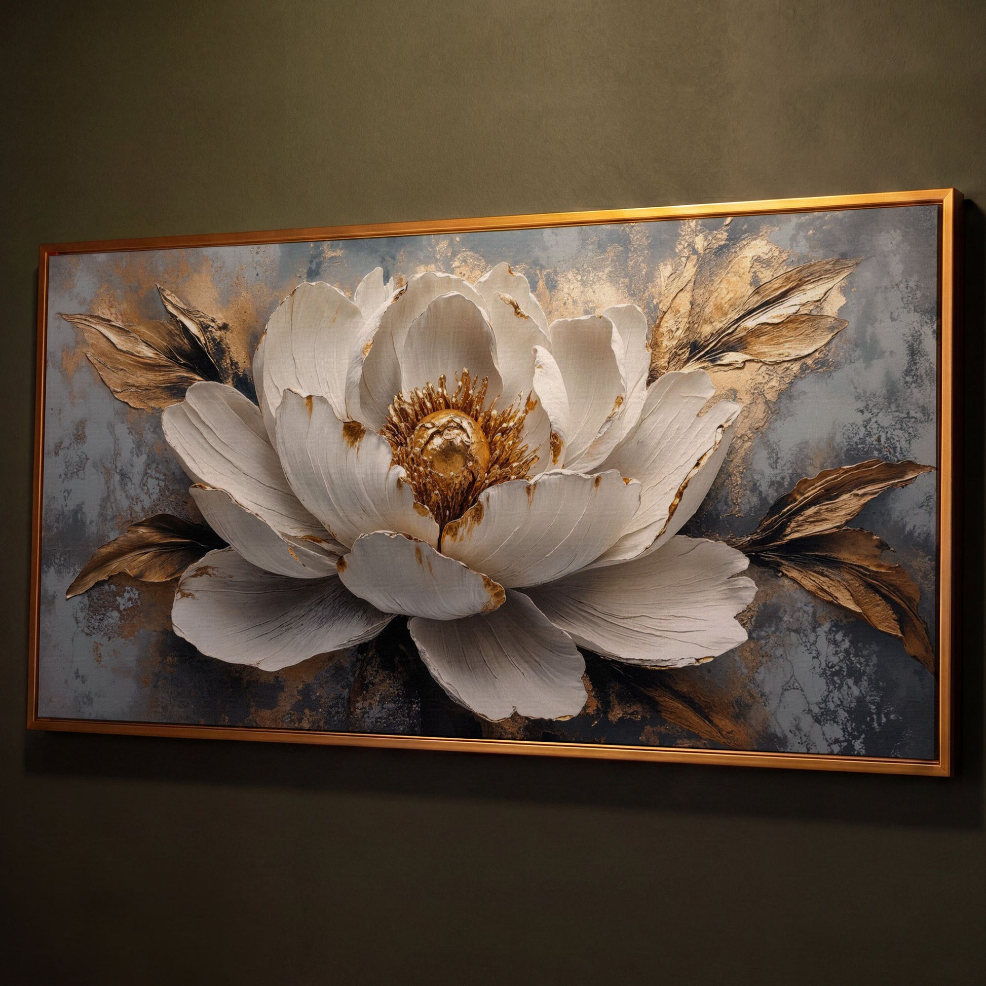 White and Gold Floral Canvas with Panoramic Width shown in antique gold floating frame