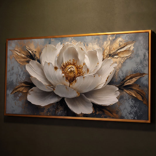 White and Gold Floral Canvas with Panoramic Width shown in antique gold floating frame