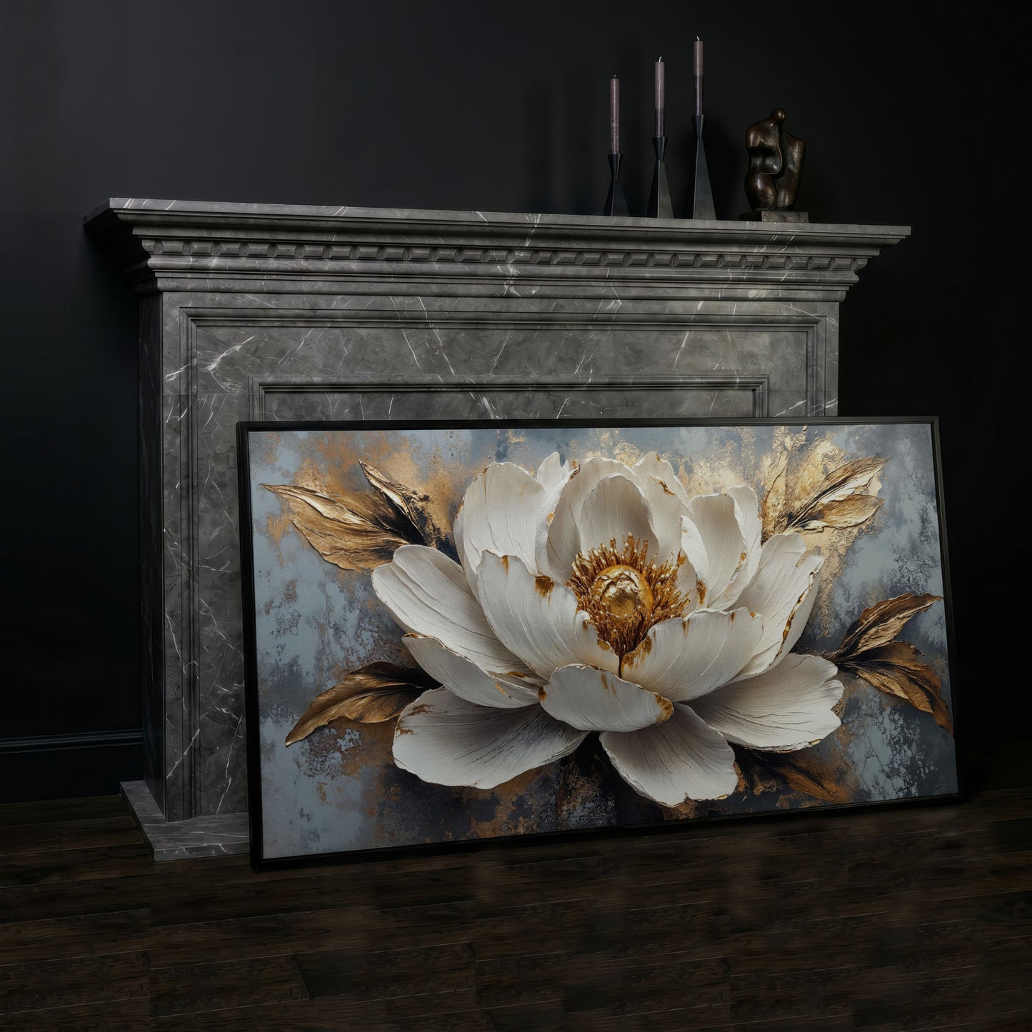 White and Gold Floral Canvas with Panoramic Width in black floating frame