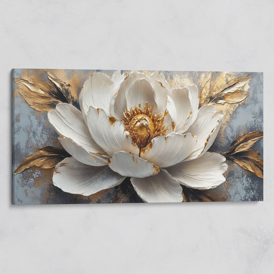 White and Gold Floral Canvas with Panoramic Width on gallery wrap