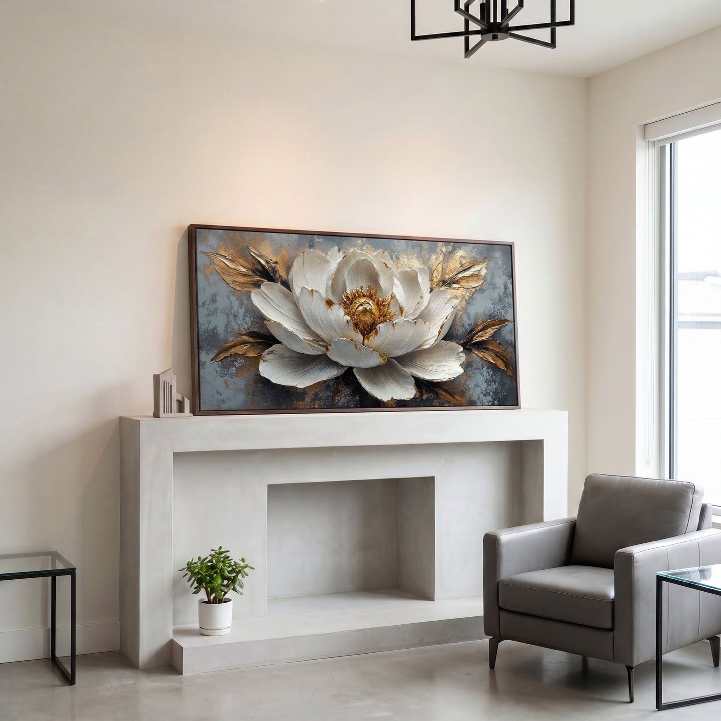 White and Gold Floral Canvas with Panoramic Width in dark walnut floating frame