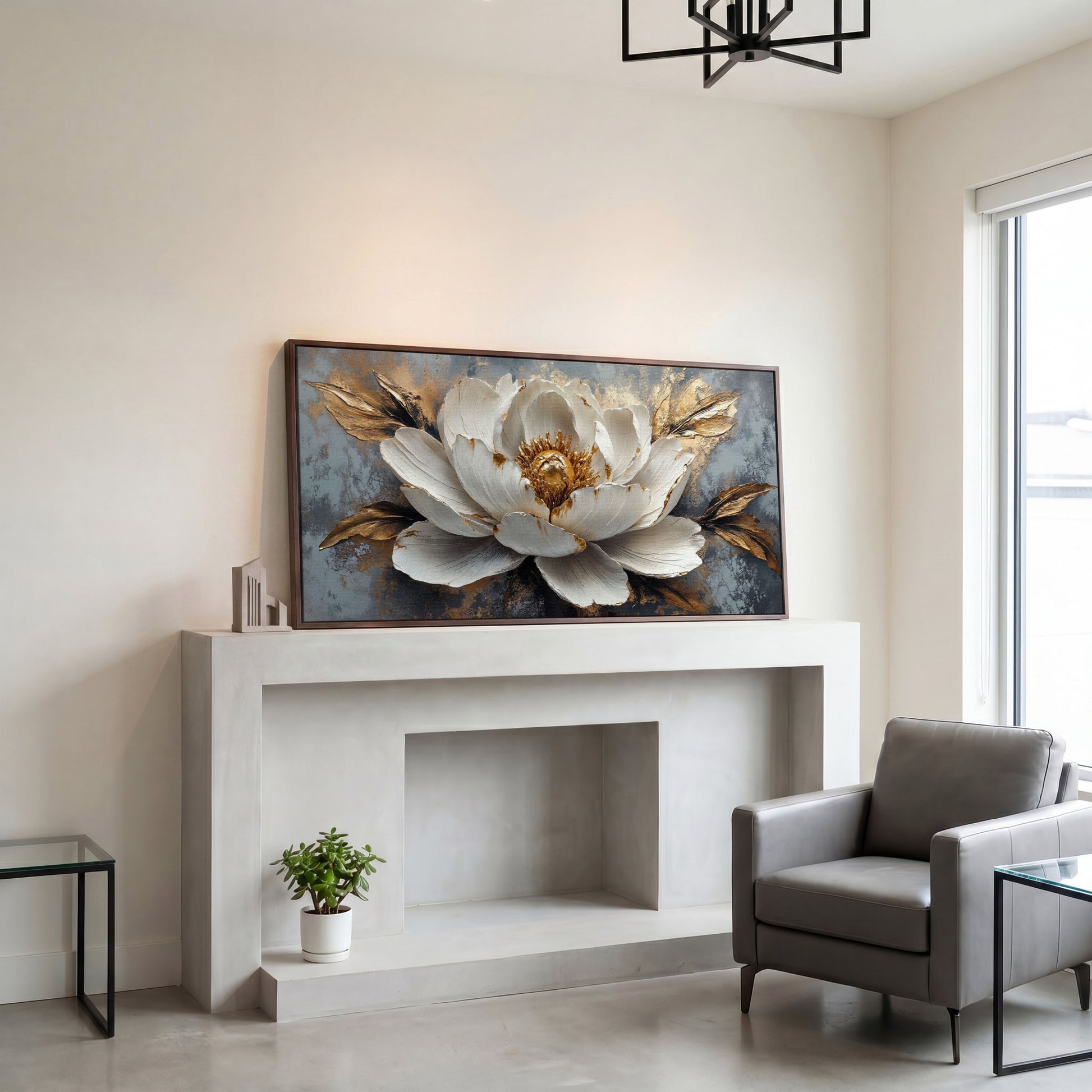 White and Gold Floral Canvas with Panoramic Width in dark walnut floating frame