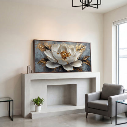 White and Gold Floral Canvas with Panoramic Width in dark walnut floating frame