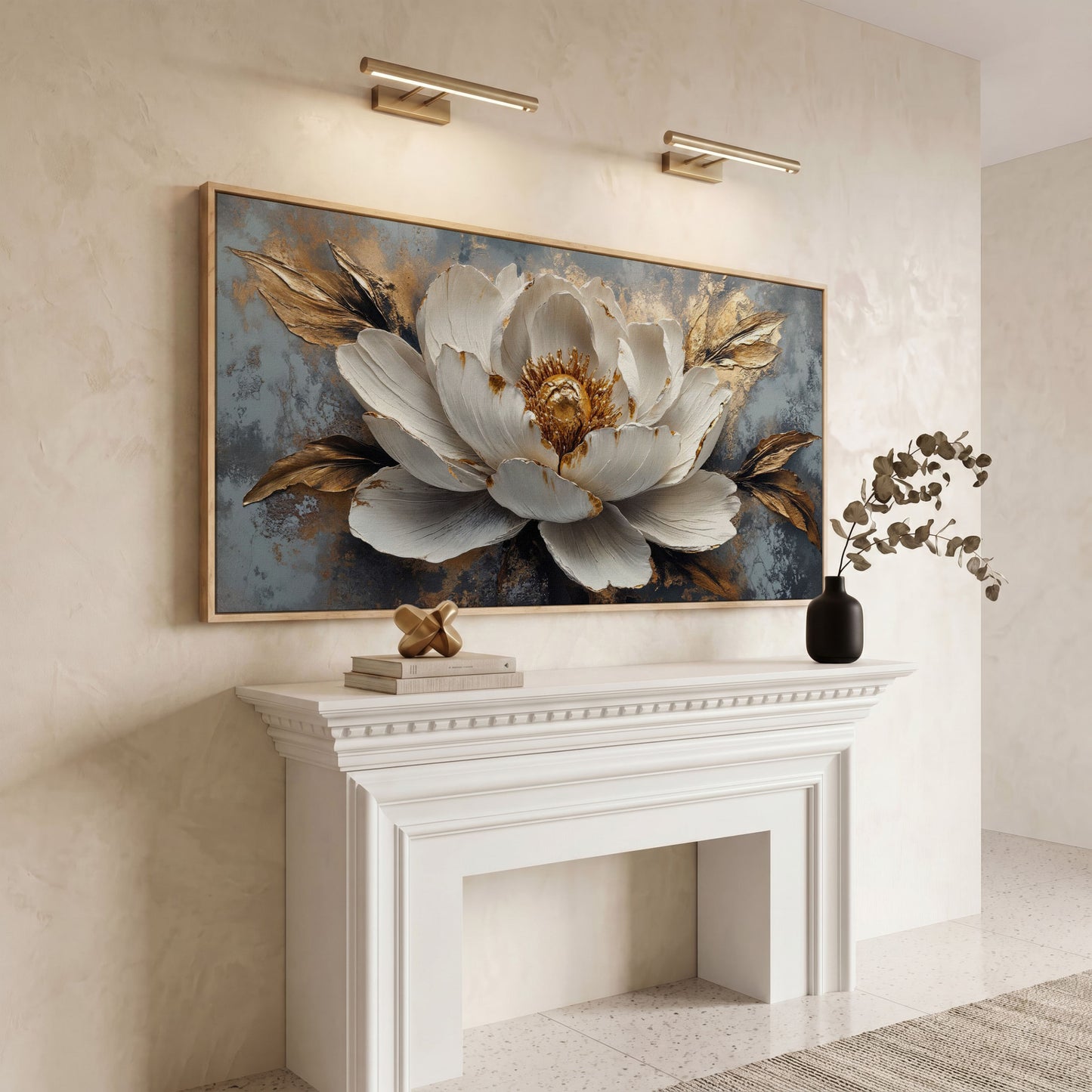 White and Gold Floral Canvas with Panoramic Width in white oak floating frame