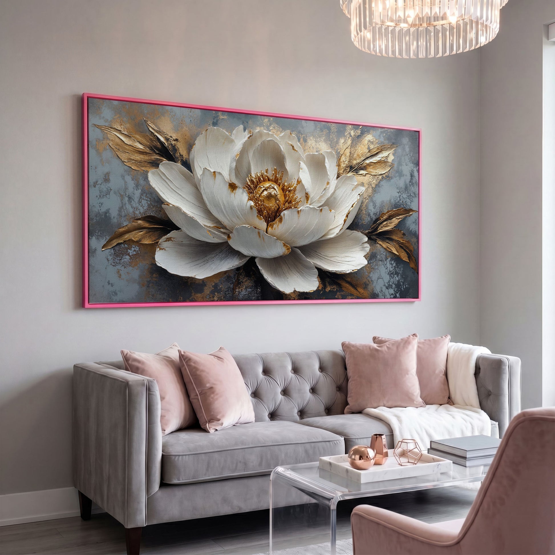 White and Gold Floral Canvas with Panoramic Width in pink floating frame
