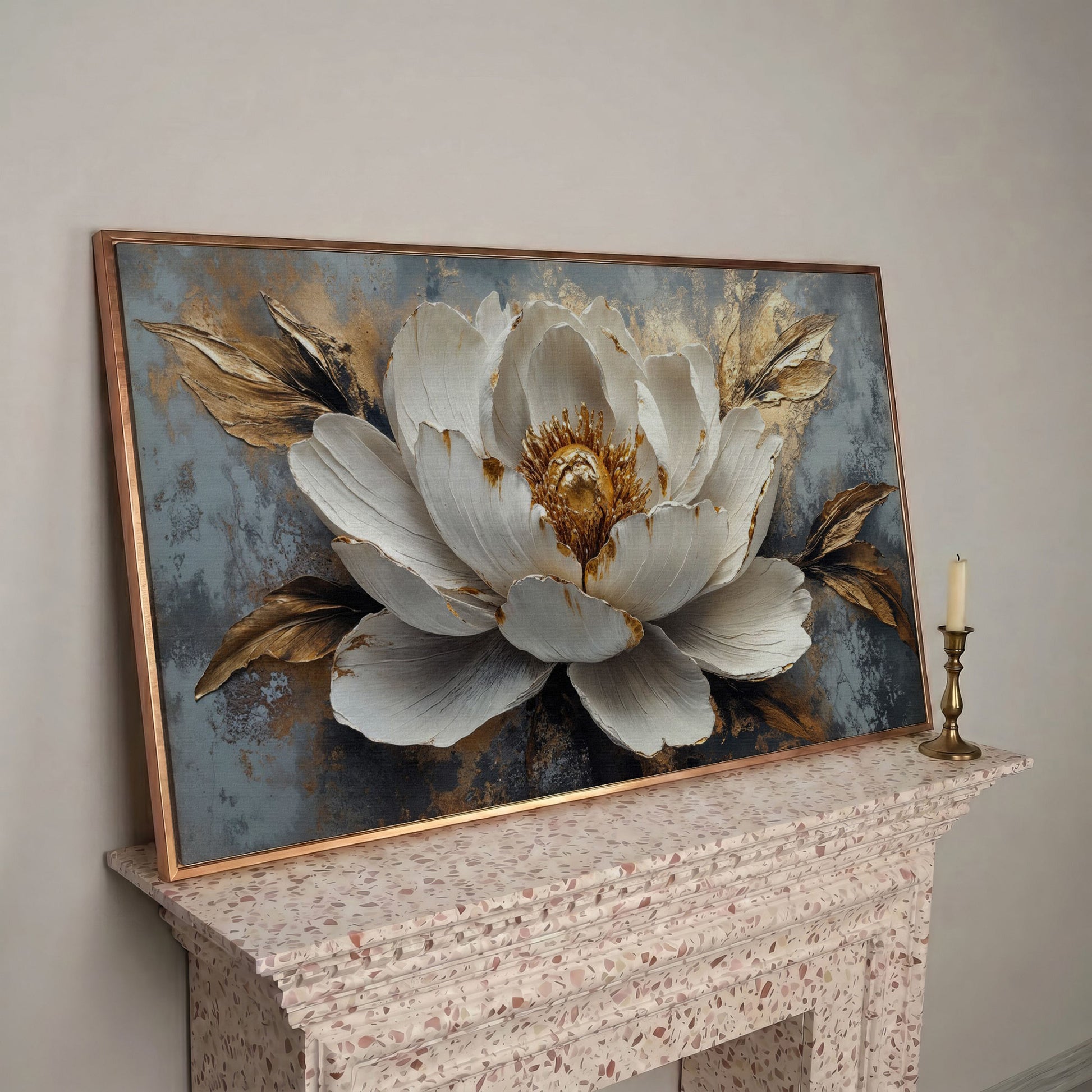 White and Gold Floral Canvas with Panoramic Width in rose gold floating frame