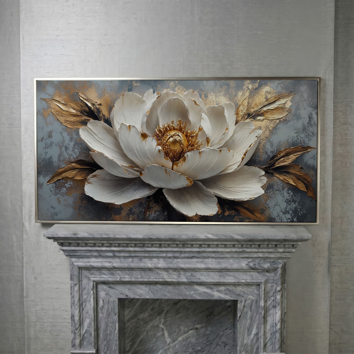 White and Gold Floral Canvas with Panoramic Width in silver floating frame