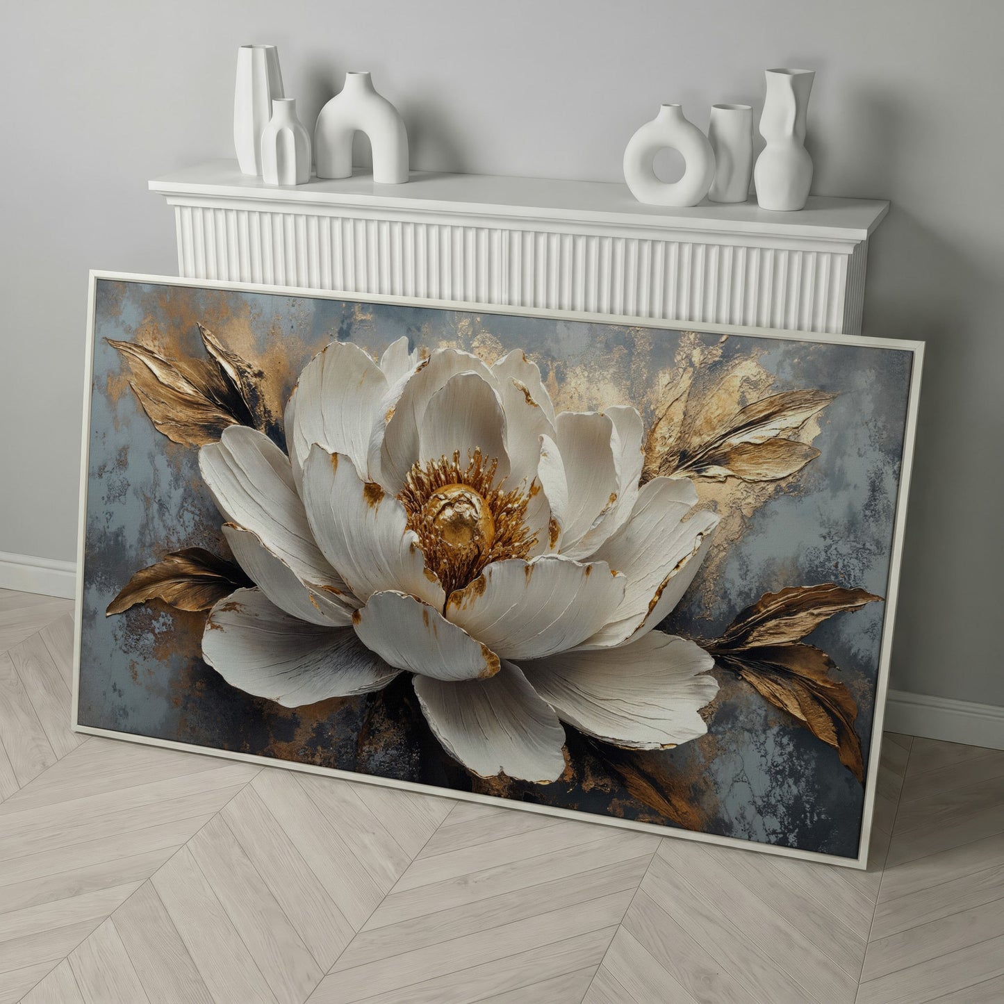 White and Gold Floral Canvas with Panoramic Width in white floating frame