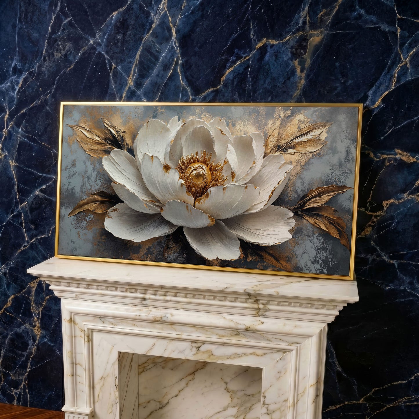 White and Gold Floral Canvas with Panoramic Width in yellow gold floating frame