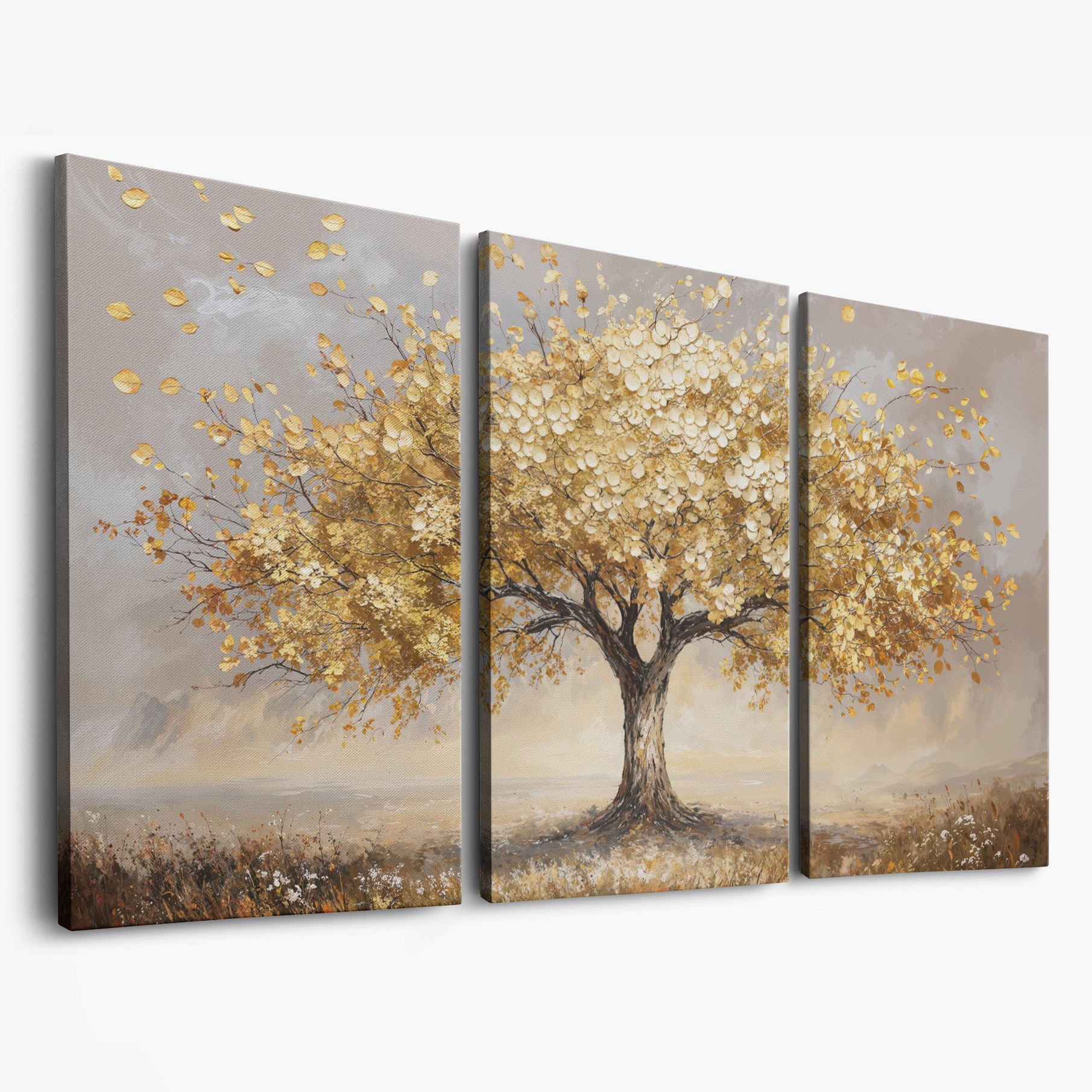 Tree of Life Autumn Canvas with Golden Foliage as 3-panel split version