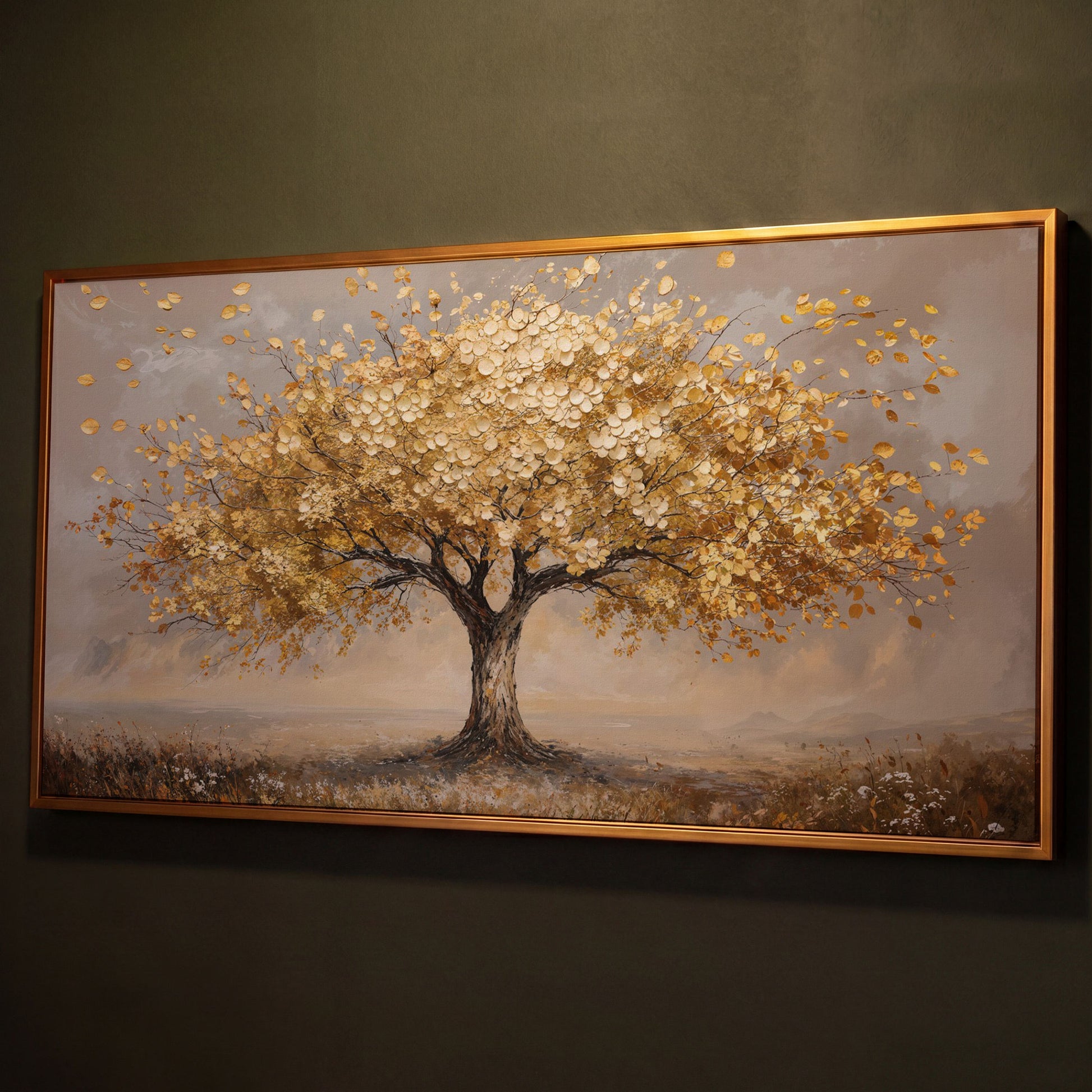 Tree of Life Autumn Canvas with Golden Foliage shown in antique gold floating frame