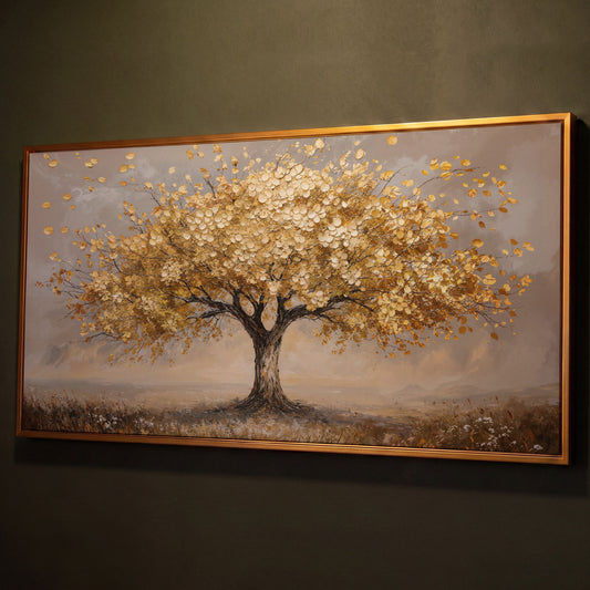 Tree of Life Autumn Canvas with Golden Foliage shown in antique gold floating frame
