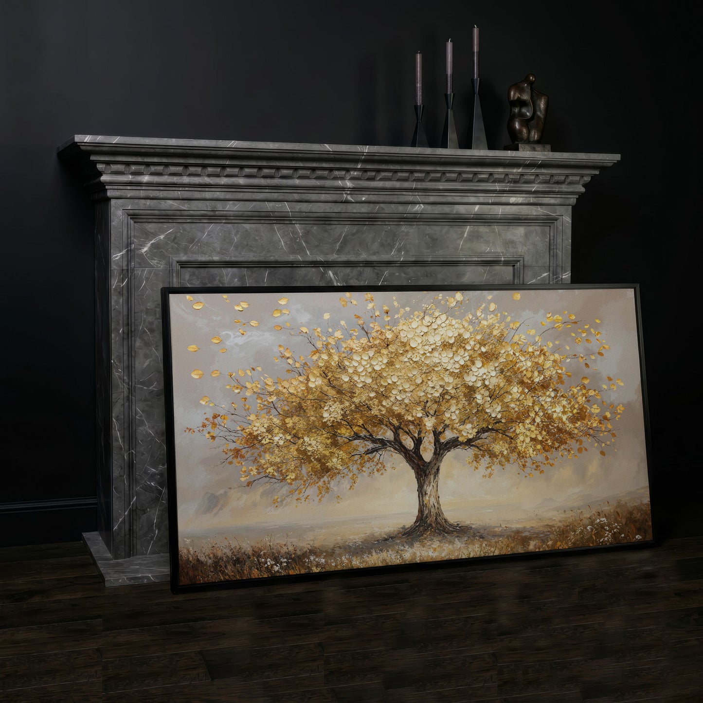 Tree of Life Autumn Canvas with Golden Foliage in black floating frame