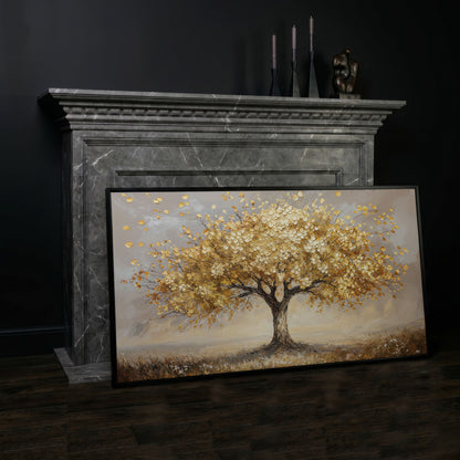 Tree of Life Autumn Canvas with Golden Foliage in black floating frame