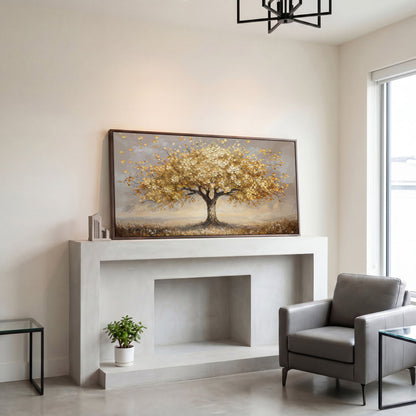 Tree of Life Autumn Canvas with Golden Foliage in dark walnut floating frame