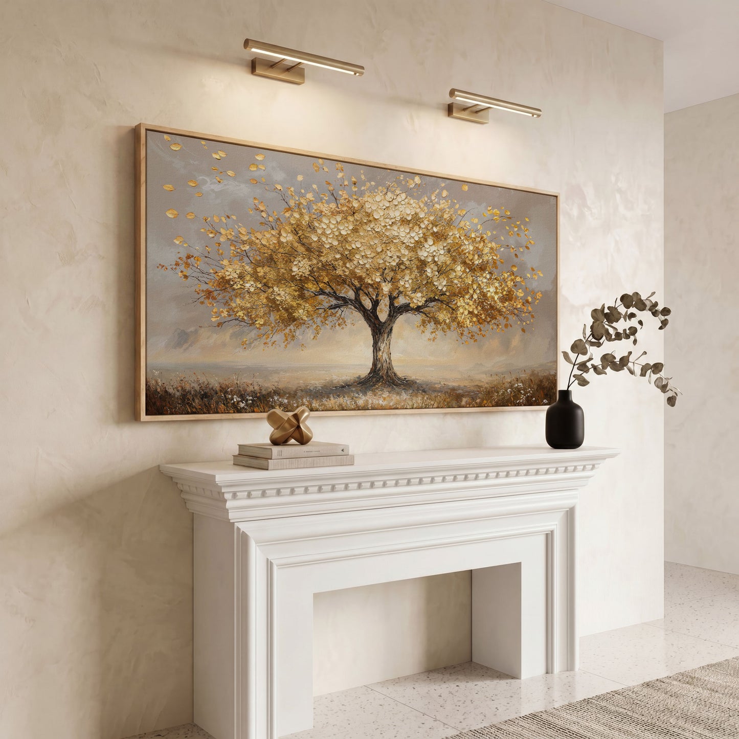 Tree of Life Autumn Canvas with Golden Foliage in white oak floating frame