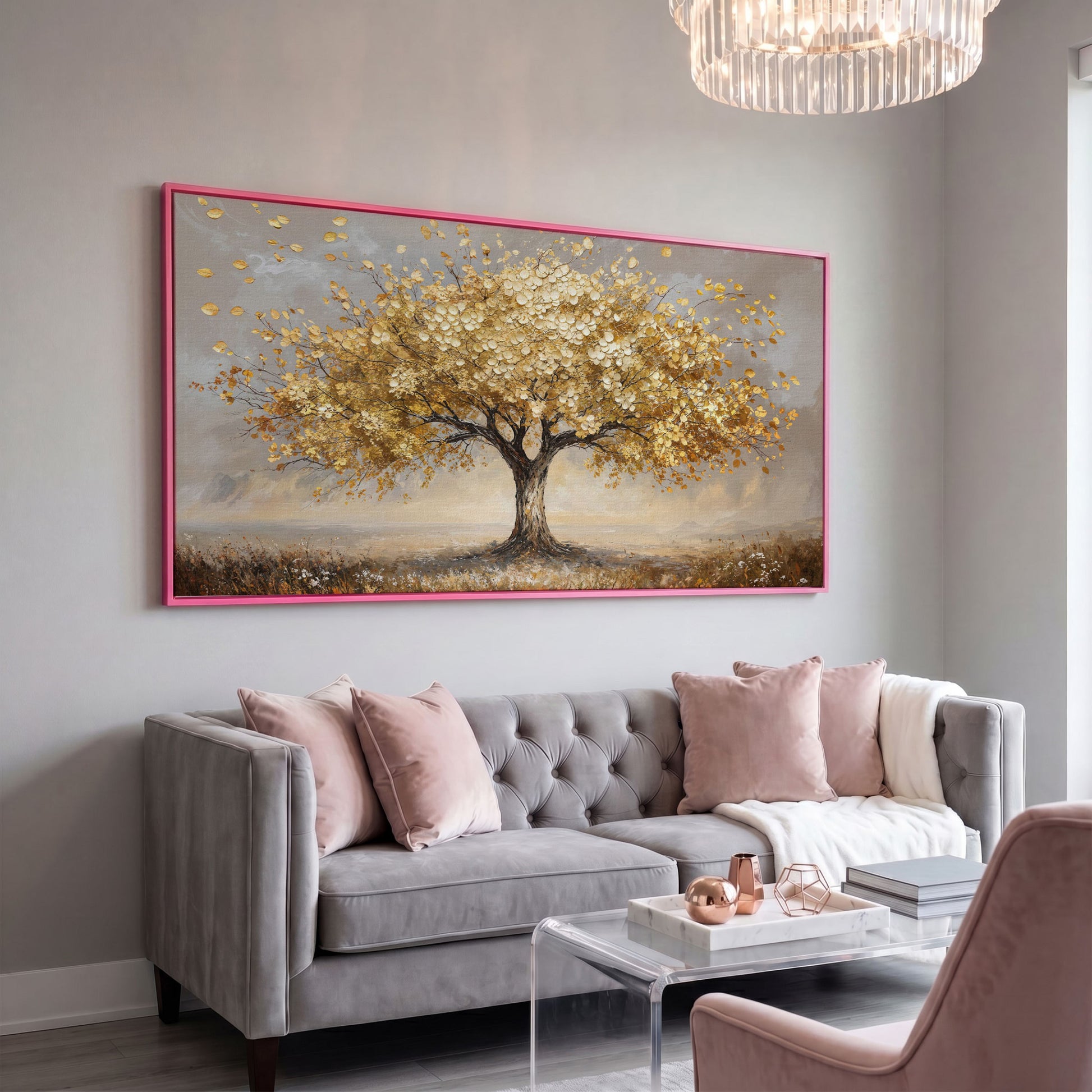 Tree of Life Autumn Canvas with Golden Foliage in pink floating frame