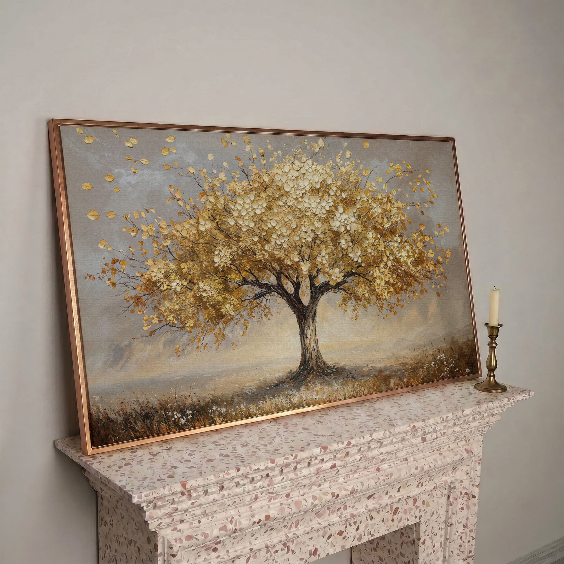 Tree of Life Autumn Canvas with Golden Foliage in rose gold floating frame