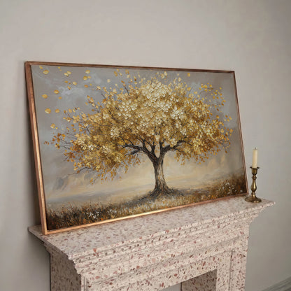 Tree of Life Autumn Canvas with Golden Foliage in rose gold floating frame