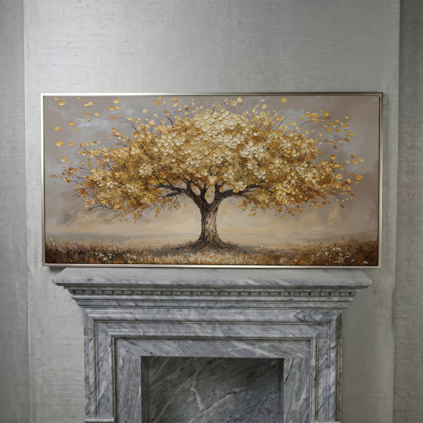 Tree of Life Autumn Canvas with Golden Foliage in silver floating frame