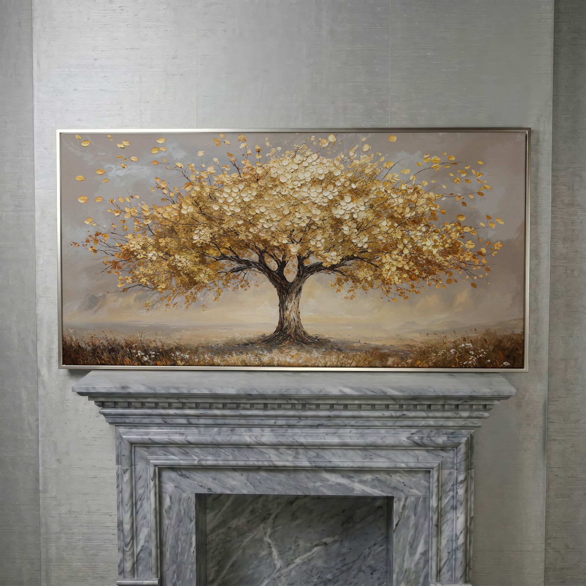 Tree of Life Autumn Canvas with Golden Foliage in silver floating frame