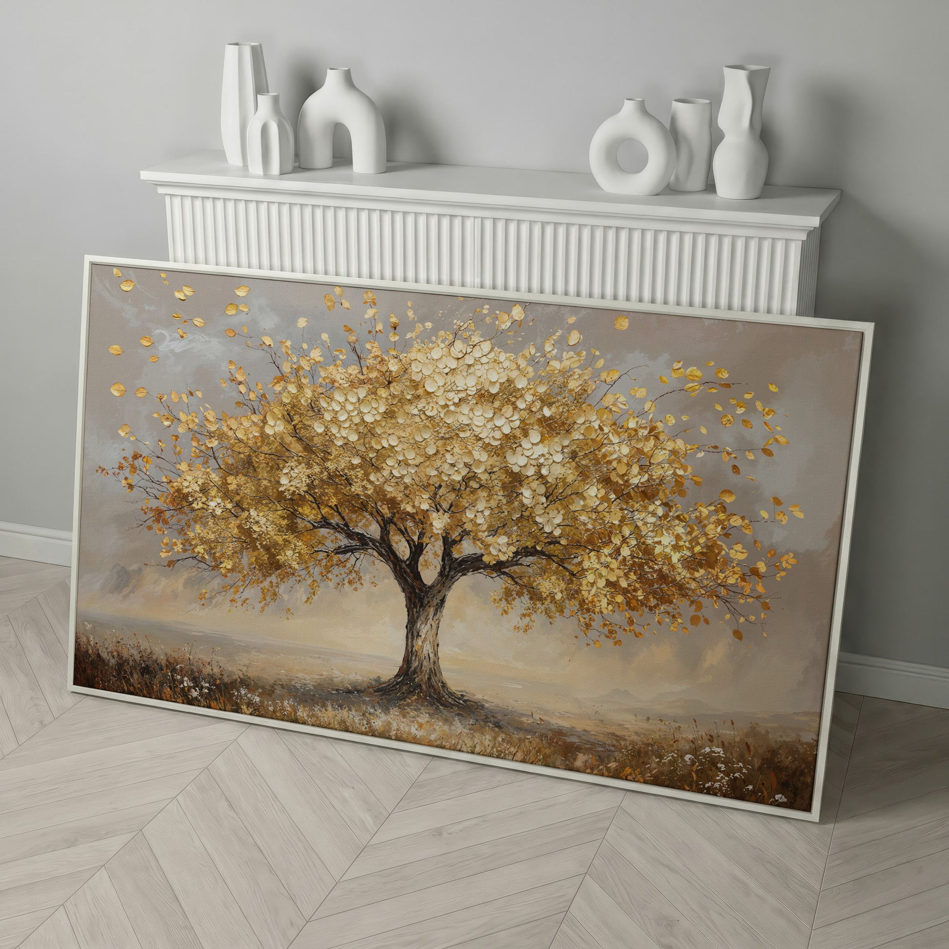 Tree of Life Autumn Canvas with Golden Foliage in white floating frame