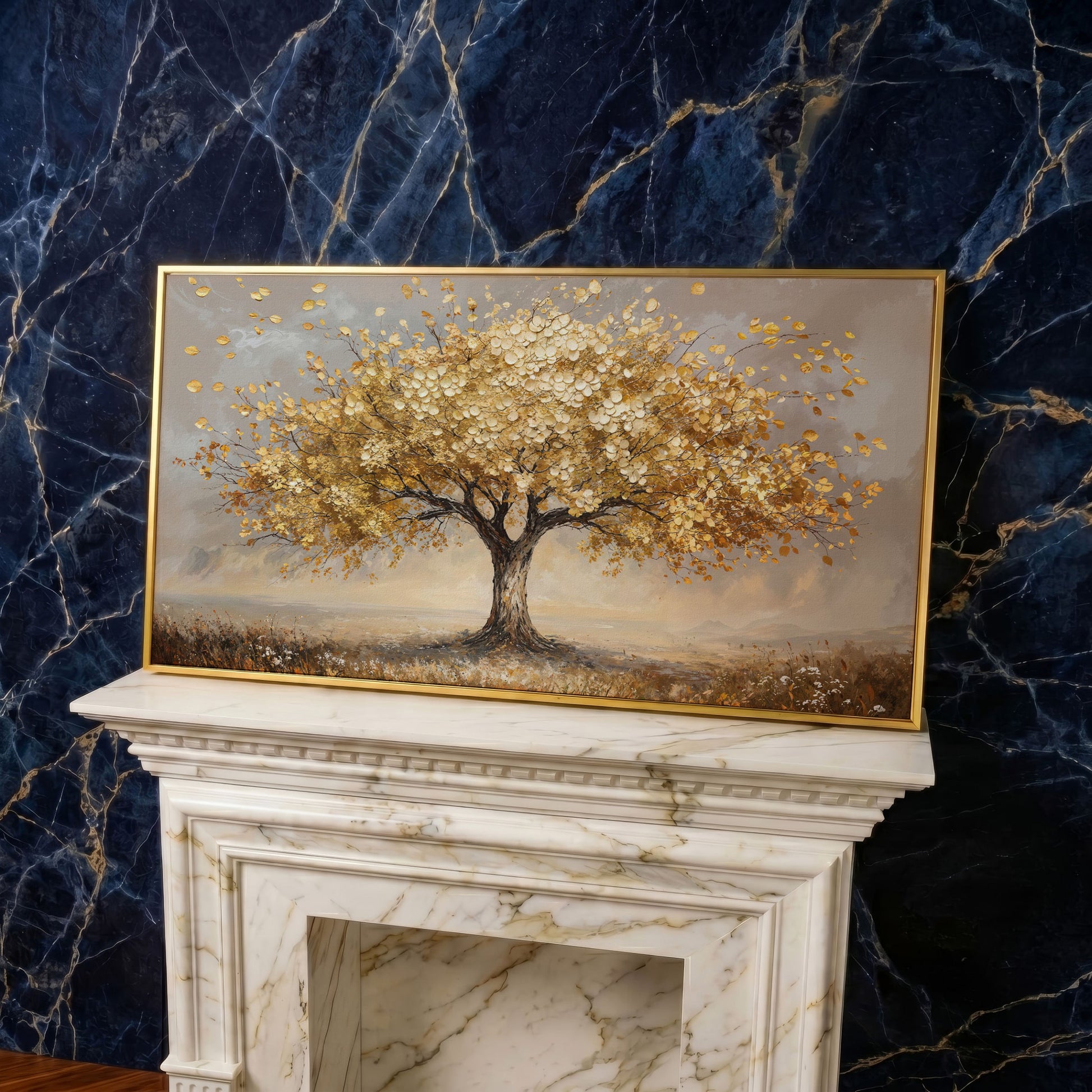 Tree of Life Autumn Canvas with Golden Foliage in yellow gold floating frame
