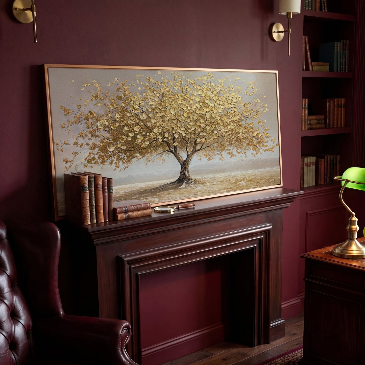 Solitary Golden Tree Autumn Canvas in antique gold floating frame