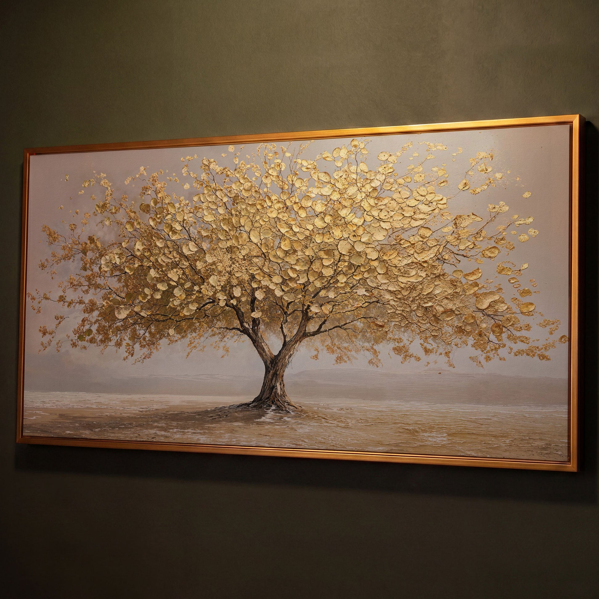 Solitary Golden Tree Autumn Canvas shown in antique gold floating frame