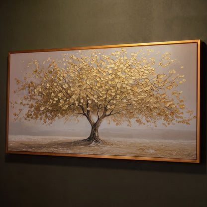 Solitary Golden Tree Autumn Canvas shown in antique gold floating frame