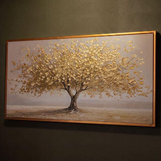 Solitary Golden Tree Autumn Canvas shown in antique gold floating frame