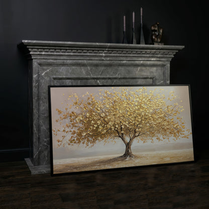 Solitary Golden Tree Autumn Canvas in black floating frame