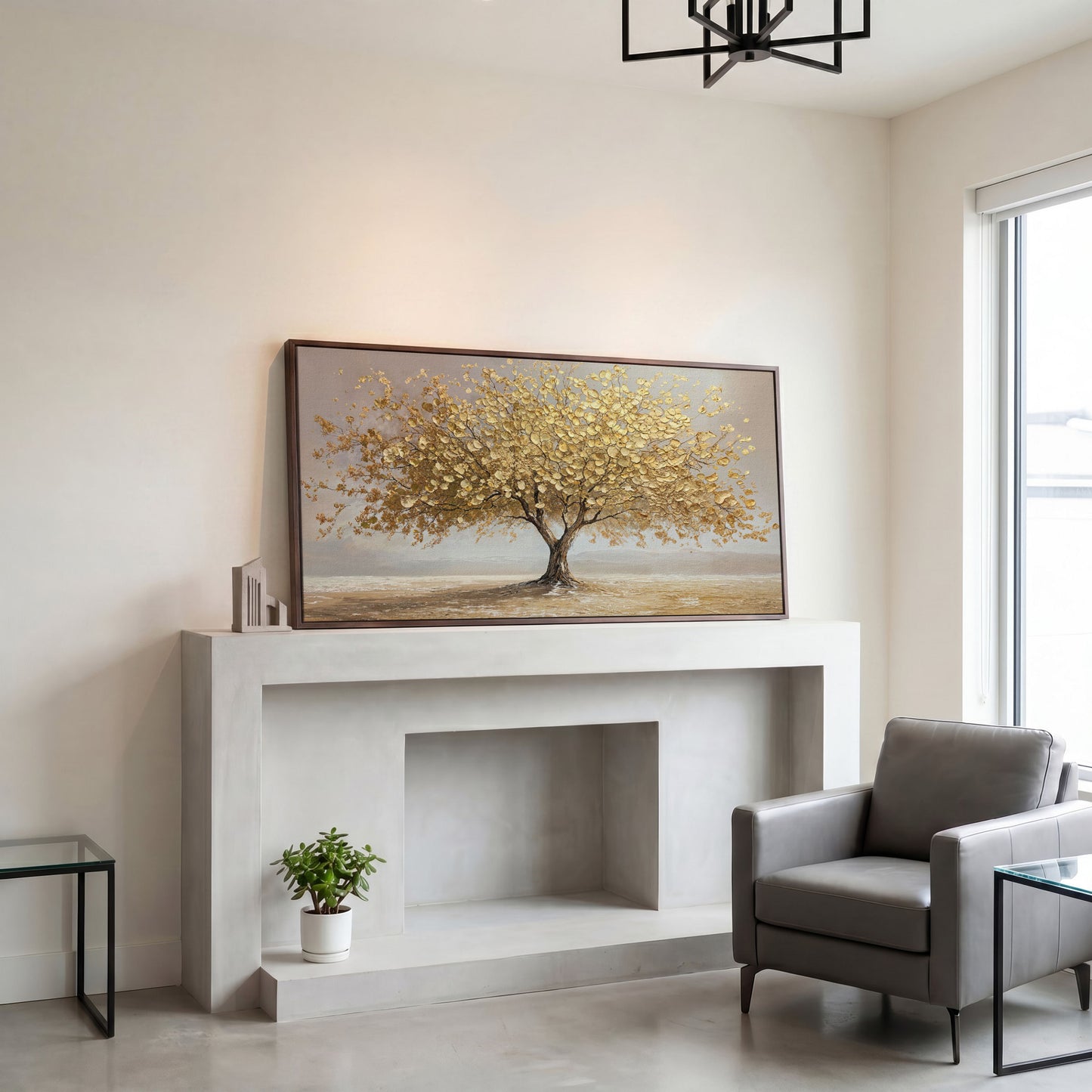 Solitary Golden Tree Autumn Canvas in dark walnut floating frame