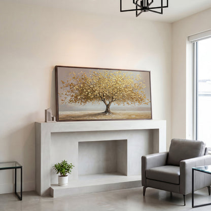 Solitary Golden Tree Autumn Canvas in dark walnut floating frame